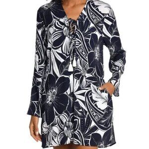 La Blanca La Playa Lace Up Tassel Blue/White Floral Swim Coverup Size XL